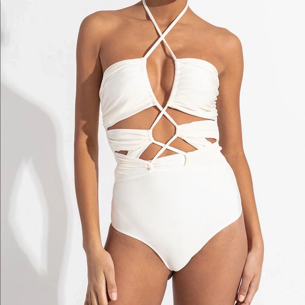 PatBO Cream Halter One Piece Swimsuit - Picture 2 of 7